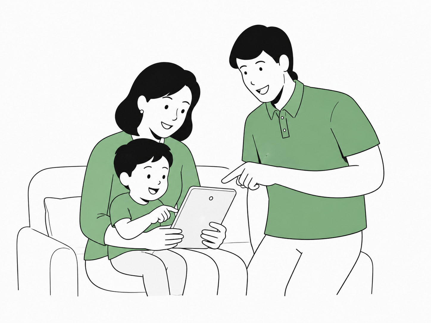 A family learning to use a tablet together at home