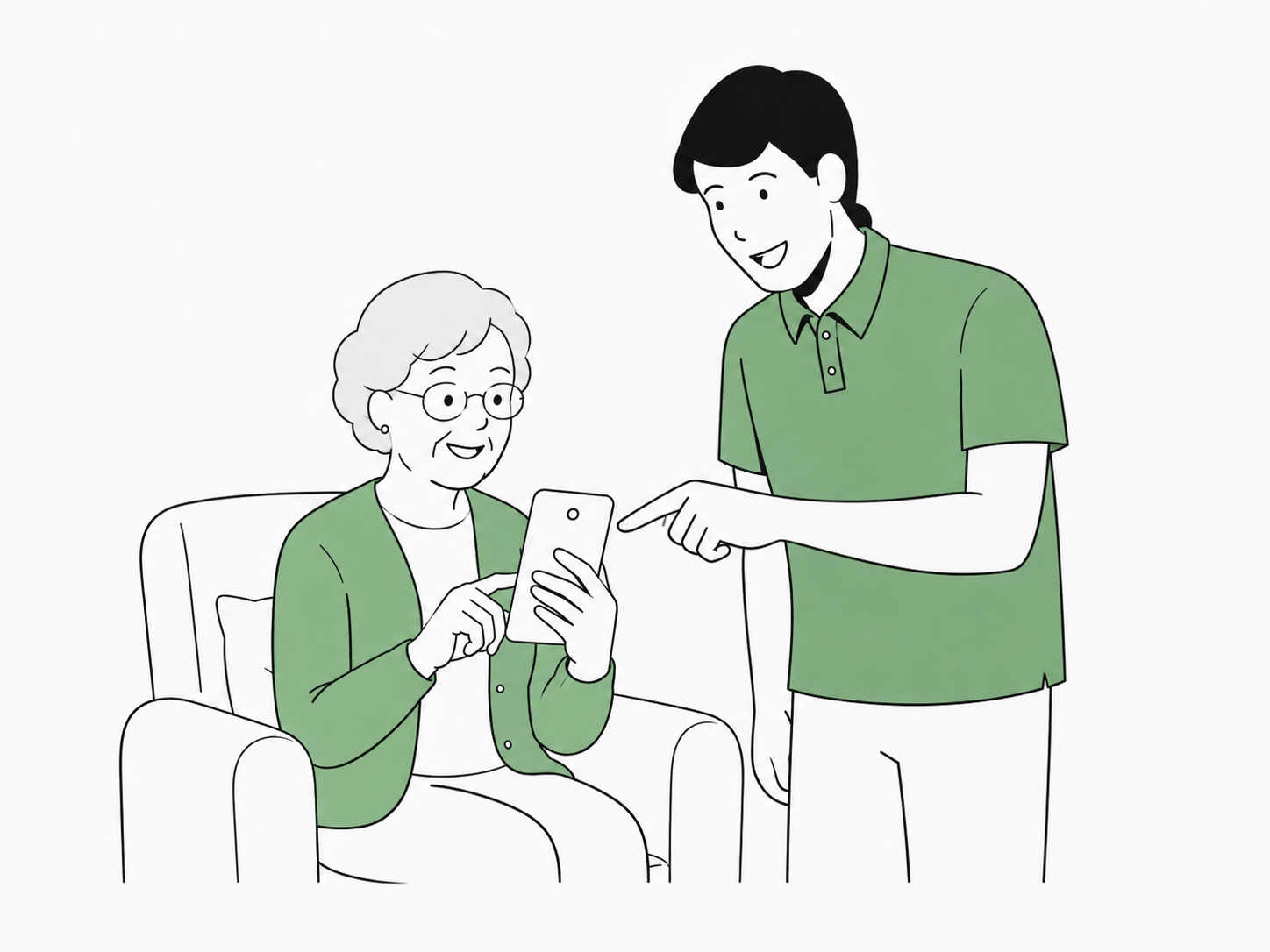 An older adult learning to use a phone with help from a technician